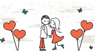 Saint-Valentin : amoureux entourés de ballons en forme de cœur rouge un symbole de l'amour 